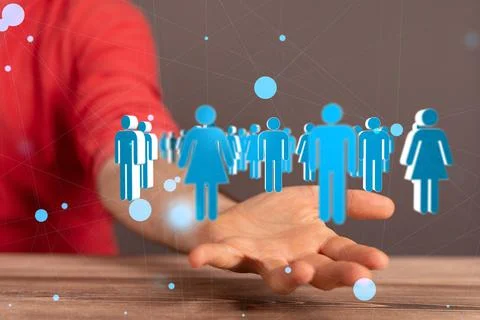 Businessman holding a digital render of an interconnected network of gendered pr Stock Photos