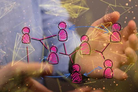 Businessman holding a digital render of a network of profiles- HR business conce Stock Photos