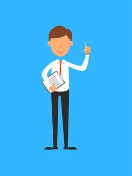 Businessman holding document and pointing up. Vector illustration in flat style Stock Illustration