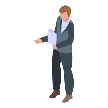 Businessman holding documents is gesturing with hand isometric icon Stock Illustration