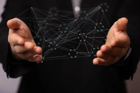 Businessman holding a floating render of web lines Stock Photos