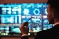 The businessman holding glasses on the screen background Photo