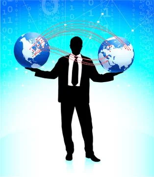 Businessman holding globes internet background Illustrazione stock