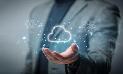 Businessman holding glowing cloud network  digital data and innovation techno Stock Photos