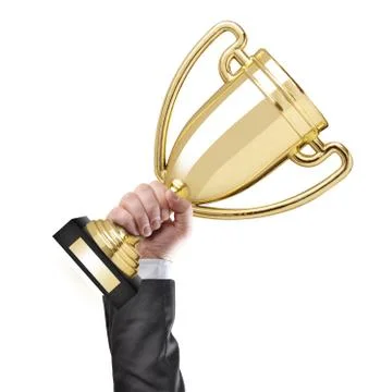 Businessman holding a golden cup trophy Stock Photos