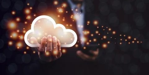 Businessman holding icon cloud computing network and icon connection data inf Foto stock