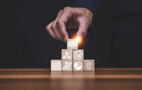 Businessman holding icon cloud computing network and icon connection data inf Stock Photos