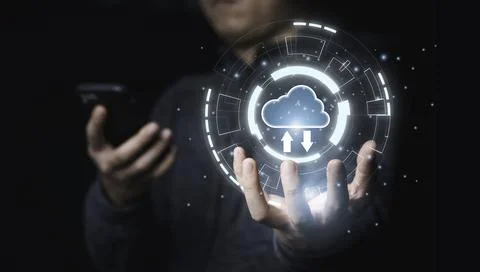 Businessman holding infographic with cloud computing and using mobile phone Stock Photos