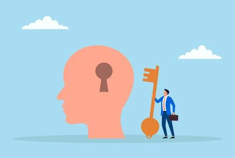 A businessman holding a key while standing next to a lock head Stock Illustration