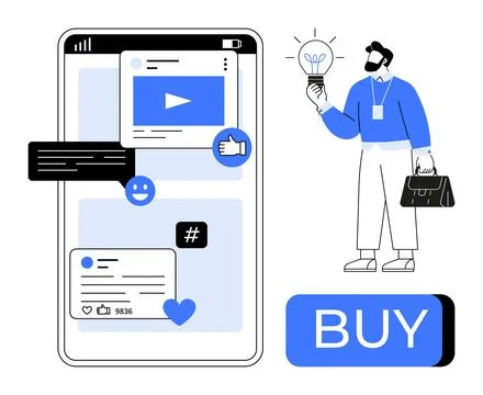 Businessman holding lightbulb while looking at smartphone screen showing soci Stock Illustration