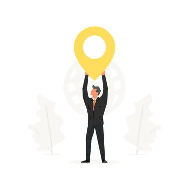 Businessman holding map pointer over his head. Navigation, delivery, office Stockillustratie