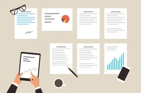 Businessman holding pad analyzing data, diagram, vector illustration 스톡 일러스트