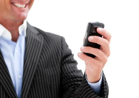 Businessman holding a phone on whitebackground Stock Photos