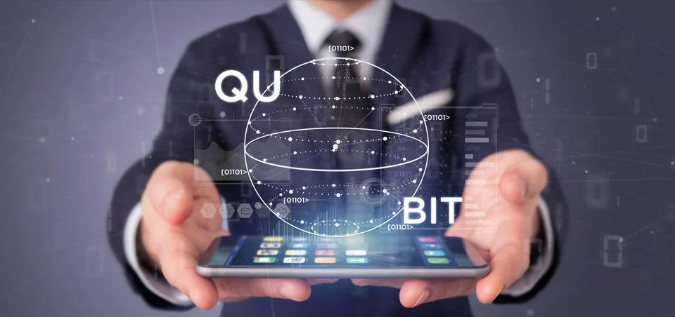 Businessman holding Quantum computing concept with qubit icon 3d rendering Stock Illustration