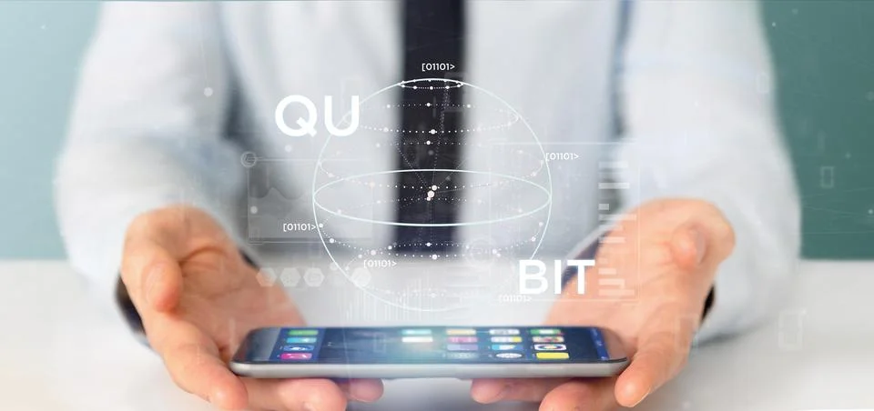 Businessman holding Quantum computing concept with qubit icon 3d rendering Stock Photos