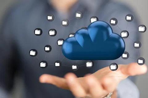 Businessman holding a render of a cloud with folder icons Stockfoto's