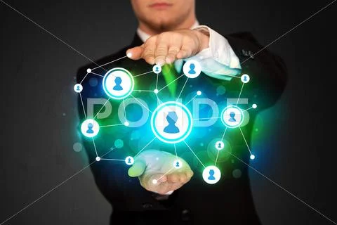 Businessman holding social media network Stock Photos