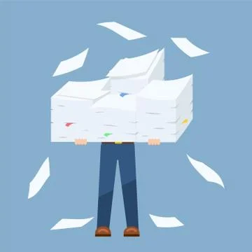 Businessman holding stack of paper documents, concept of hard work, stock vec 库存插图