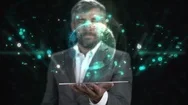 Businessman Holding Tablet With Holographic Interface Stock Footage