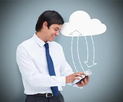 Businessman holding a tablet pc connecting with cloud computing Stock Photos