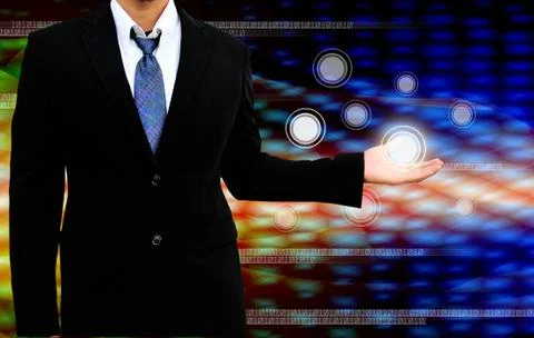 Businessman  holding a touch screen interface Illustrazione stock