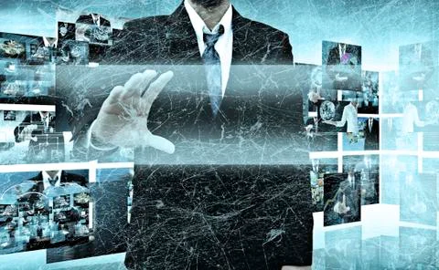 Businessman holding a touch screen interface in the old texture Stock Illustration