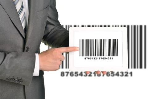 Businessman holding UPC code Foto stock