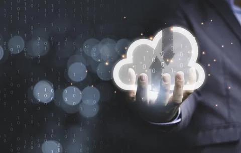 Businessman holding virtual cloud computing on hand to transfer data Stock Photos