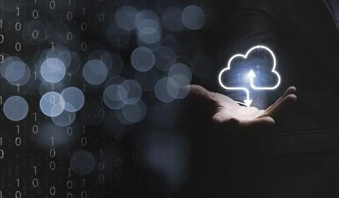 Businessman holding virtual cloud computing on hand to transfer data information 写真素材