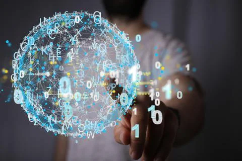 Businessman holding a virtual data cloud storage in 3D Stock Photos