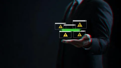 Businessman holding virtual interface with access denied message and system.. 写真素材
