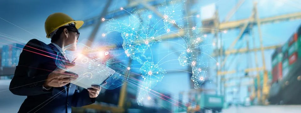 Businessman holding virtual interface panel of global logistics network Fotos Stock