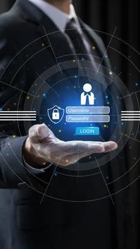 Businessman holding a virtual login interface with username and password fi.. Stock Photos