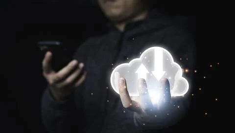 Businessman holding white cloud computing icon from hand drawing Foto stock