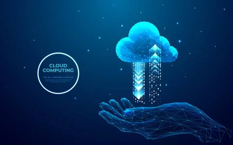 Businessman holds digital cloud computing icon with arrows up and down Stock Illustration