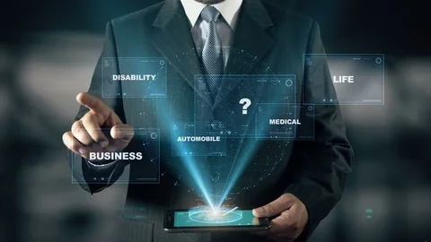 Businessman with Home Insurance hologram concept choose question from words Stock Footage