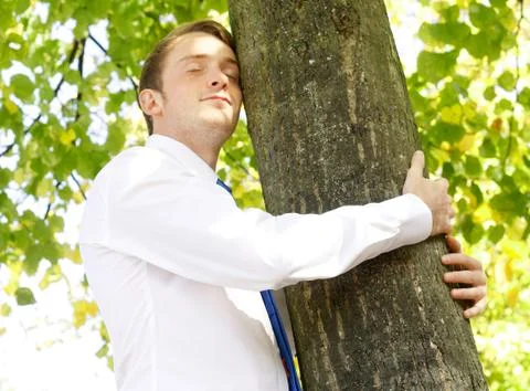 Businessman hugging tree Stock Photos