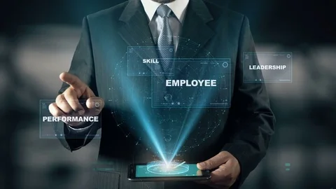 Businessman with Human Resources hologram concept choose Employee from words Stock Footage