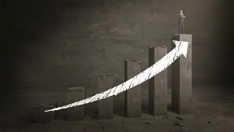 Businessman on increase concrete bar graph, rising arrow market. 4k animation. Video stock 94971731