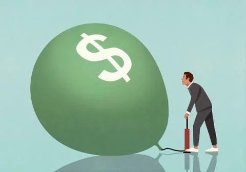 Businessman inflating dollar sign balloon with tire pump Stock Illustration