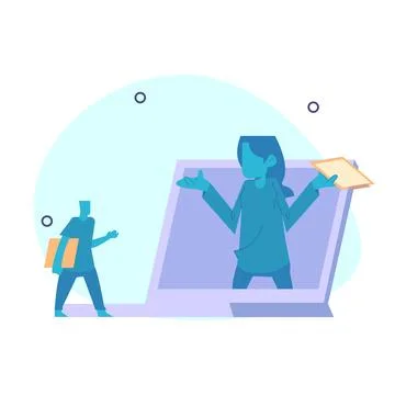 Businessman from inside a laptop, giving directions to his client. Online c.. Stock Illustration