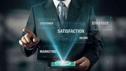Businessman with Insight hologram concept choose Satisfaction from words Stock Footage