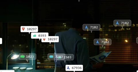 Businessman inspecting blue-logo folder and launching animated alert icons over Stock Footage 331084993