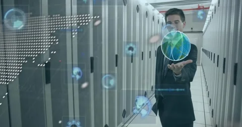 Businessman inspects arm in server room, showcasing global tech and finance Stock Footage 329372425