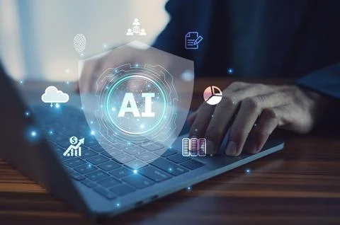 Businessman integrates AI technology for security management to safeguard b.. Stock Photos