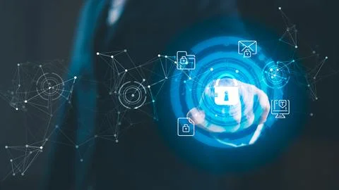 Businessman interacting digital cybersecurity interface secure network data.. Stock Photos