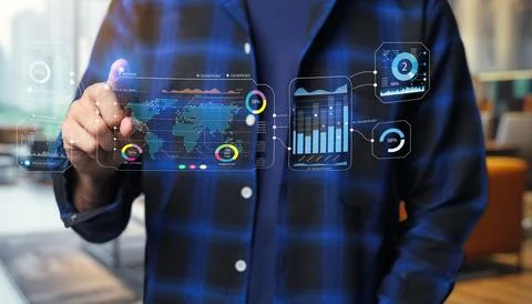 Businessman Interacting with Digital Data Visualization on a Touchscreen Di.. 스톡 사진