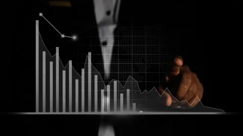Businessman interacting with a digital declining bar graph on a dark backgrou Stock Footage 327857130