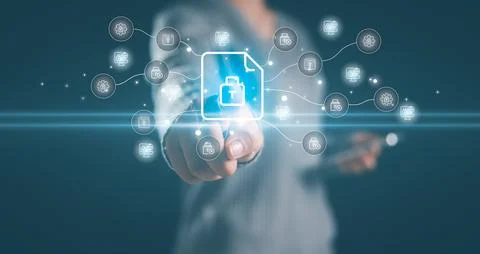 Businessman interacting digital file security interface data protection sec.. Stock Photos
