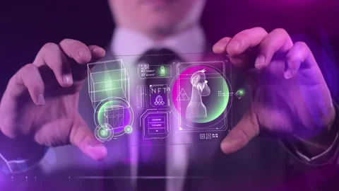 Businessman interacting with digital NFT interface 库存影片 328274720